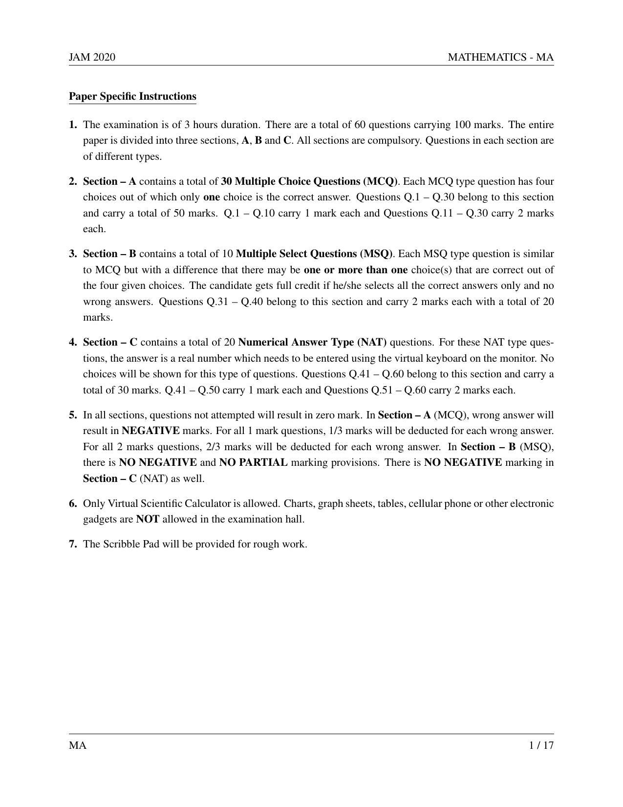 JAM 2020: MA Question Paper - Page 1