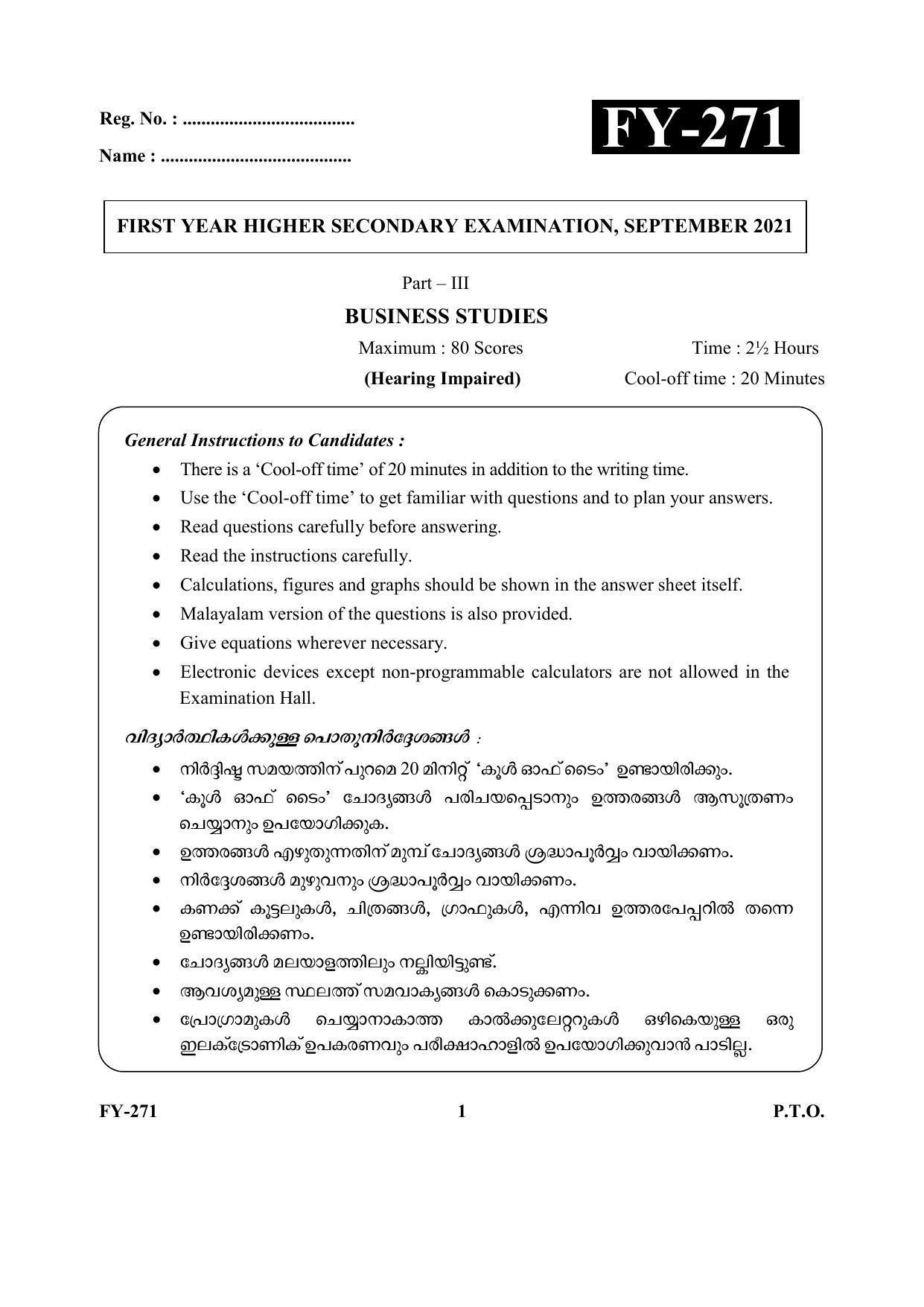 Kerala Plus One (Class 11th) Business Studies -Hearing Impaired Question Paper 2021 - Page 1