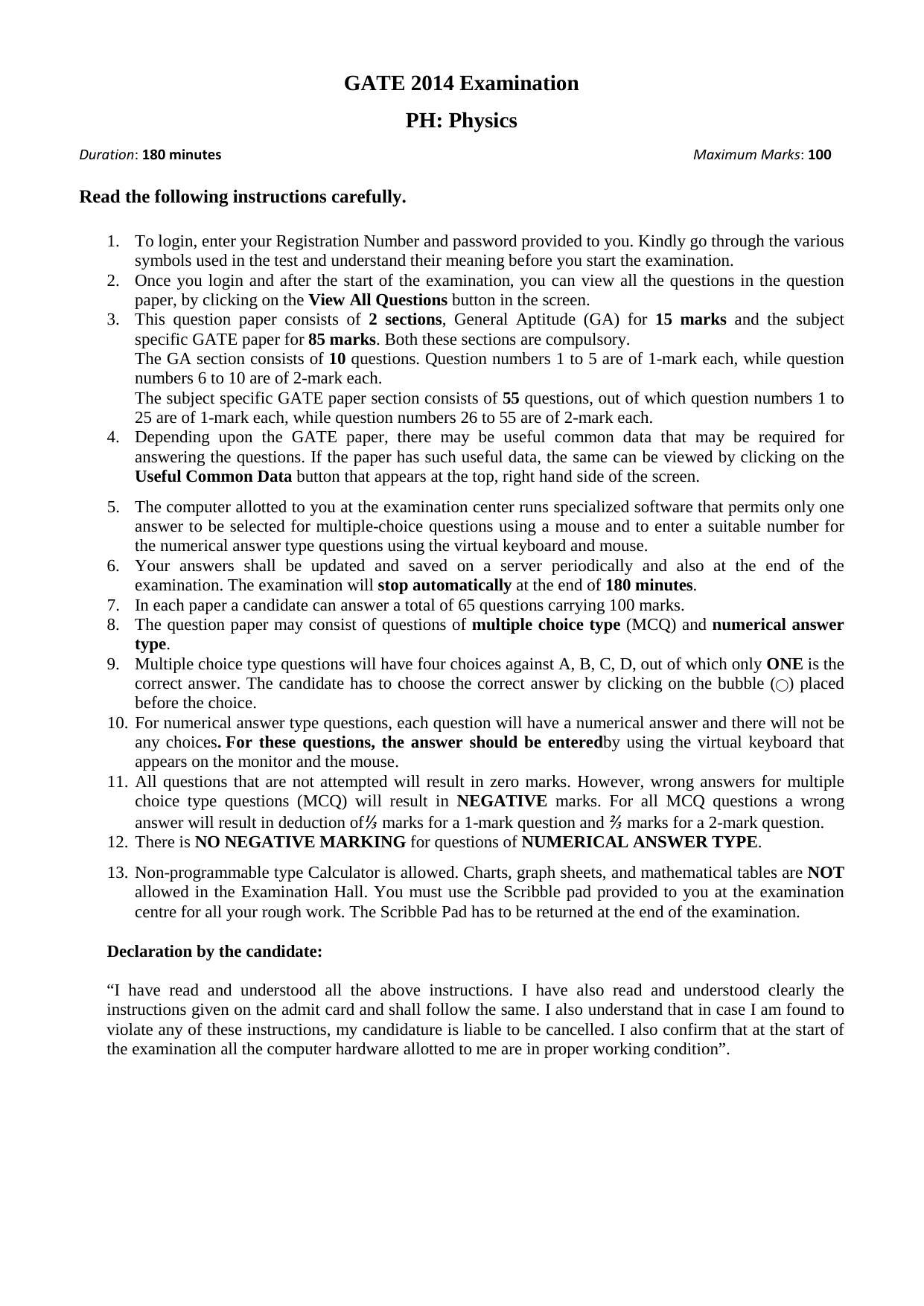 GATE 2014 Physics (PH) Question Paper with Answer Key - Page 4