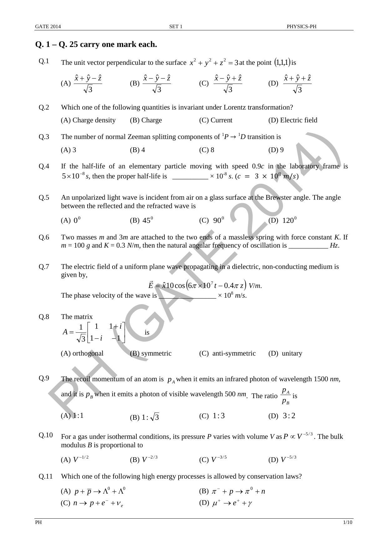GATE 2014 Physics (PH) Question Paper with Answer Key - Page 8