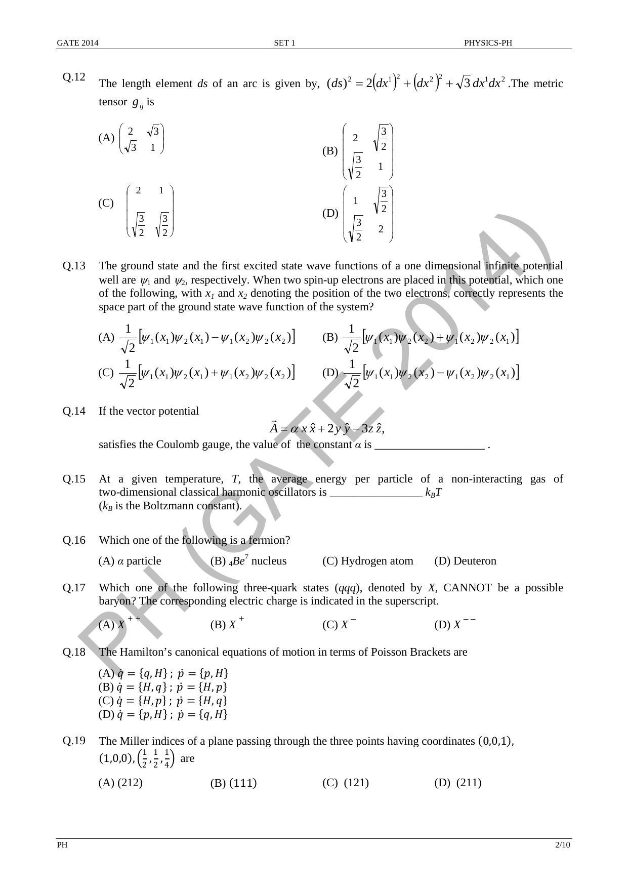 GATE 2014 Physics (PH) Question Paper with Answer Key - Page 9
