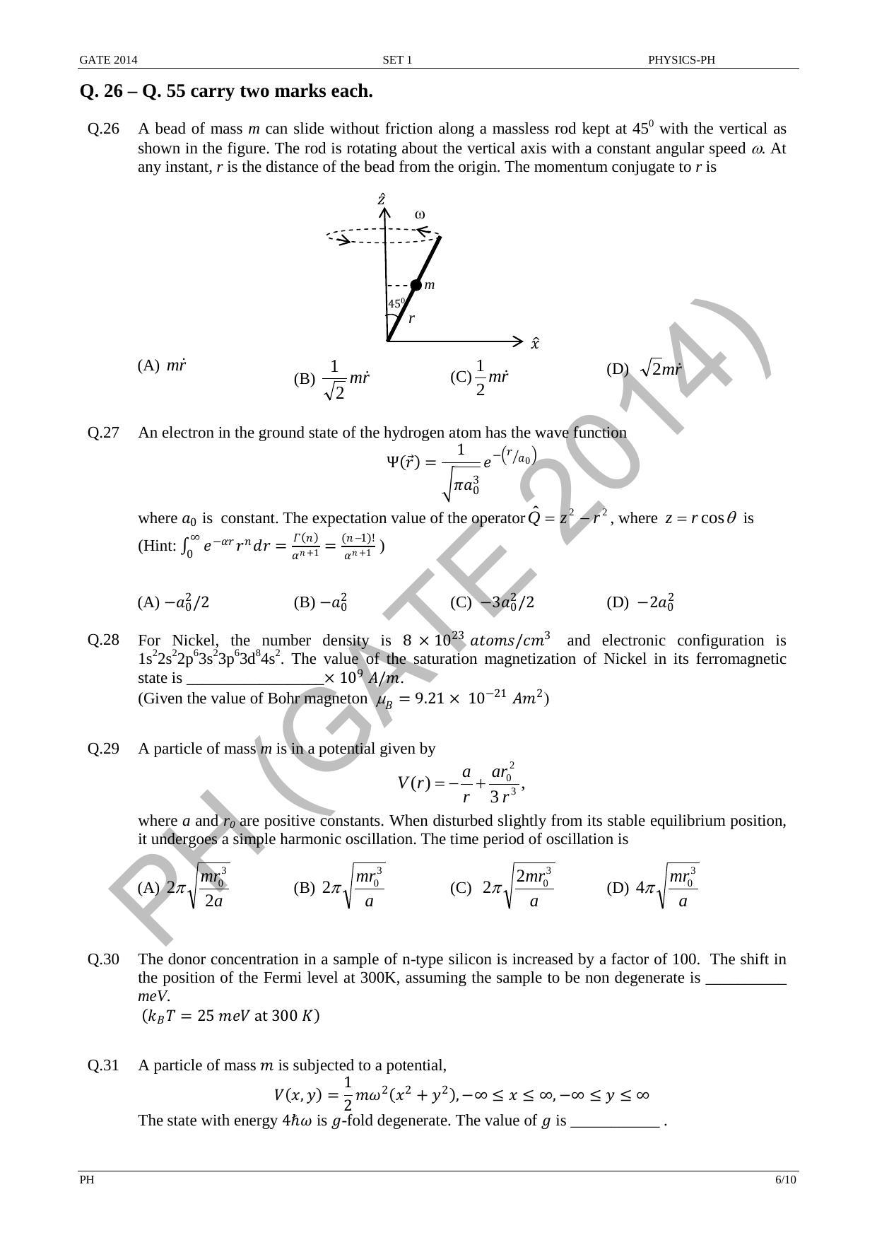 GATE 2014 Physics (PH) Question Paper with Answer Key - Page 13