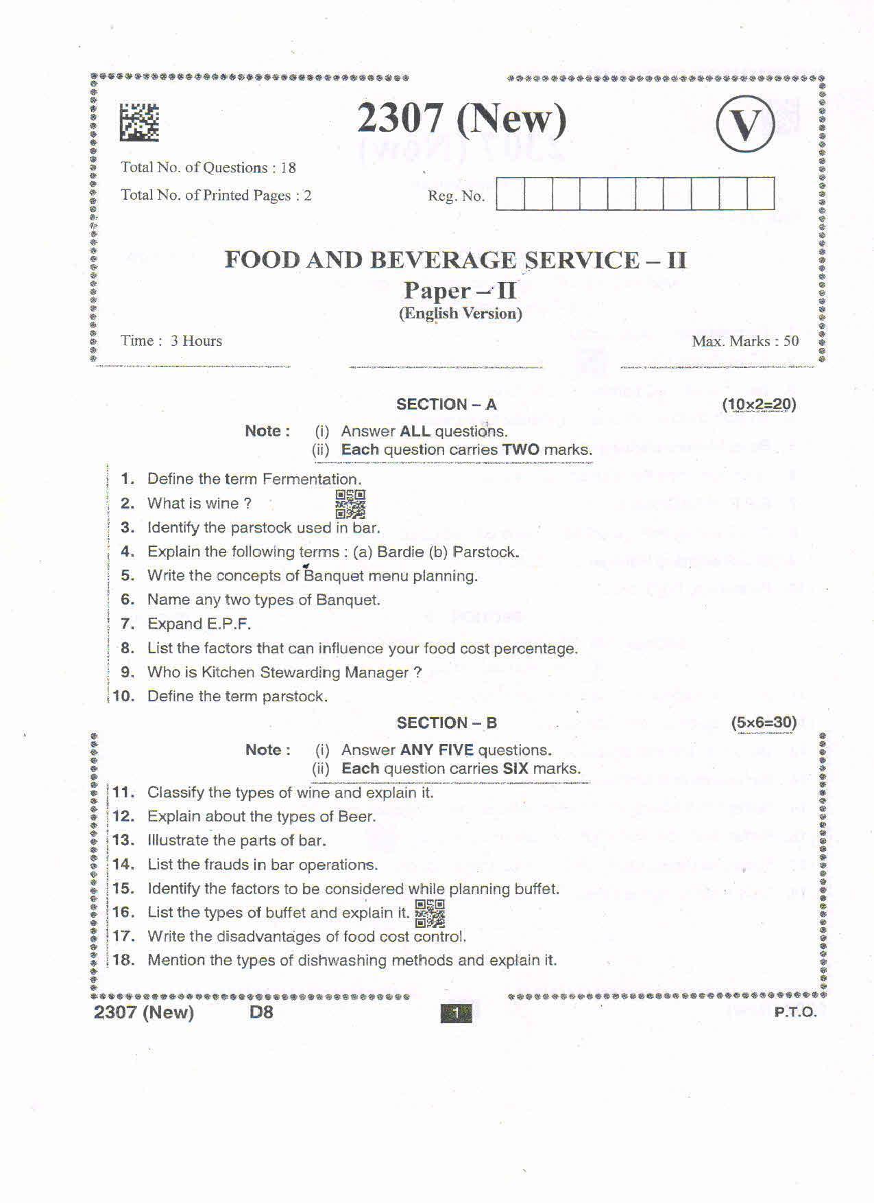 AP Intermediate 2nd Year Vocational Question Paper September-2021- Food&Beverage_Service-II - Page 1