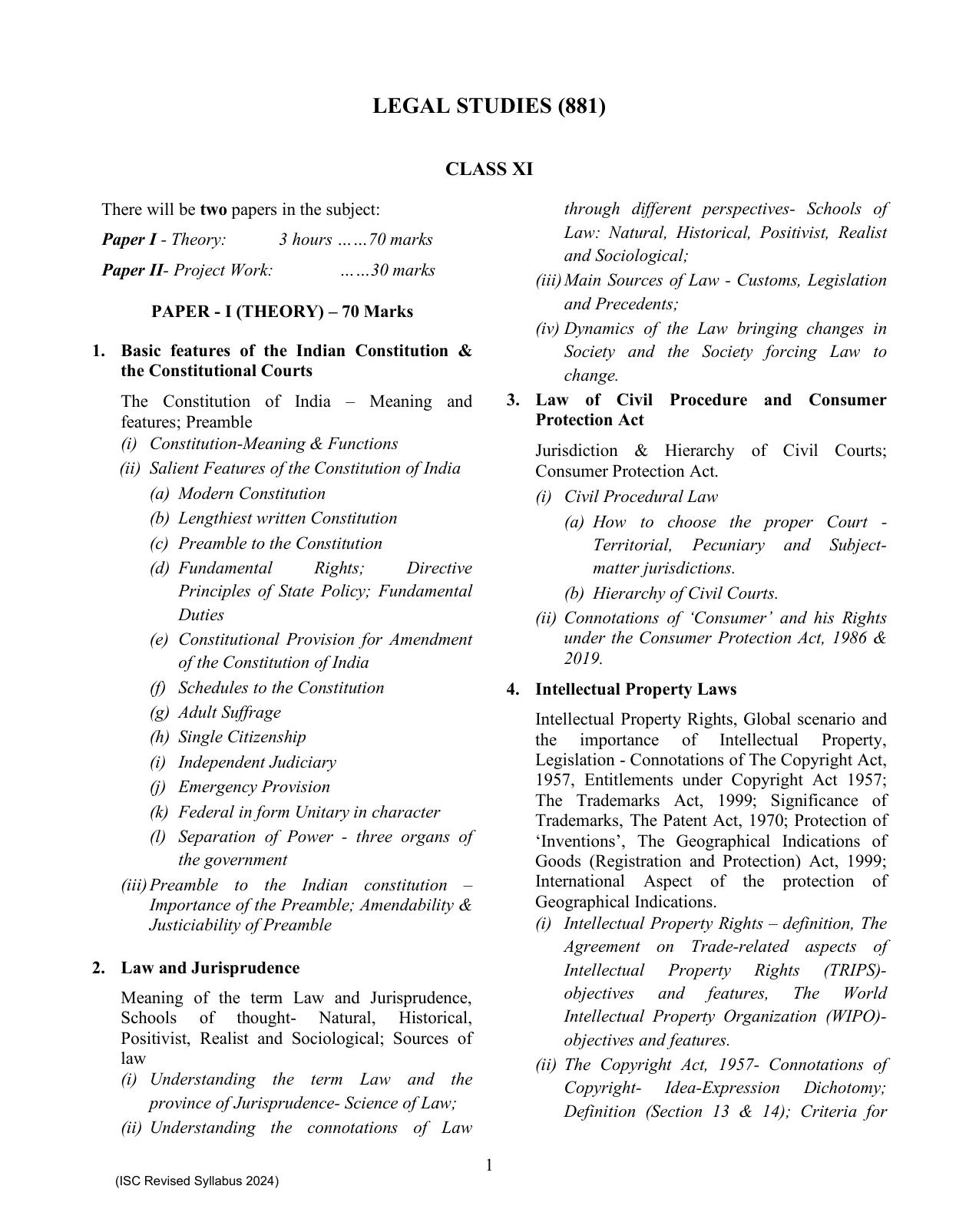 ISC Class XI Legal Studies 2025 Syllabus - Page 1