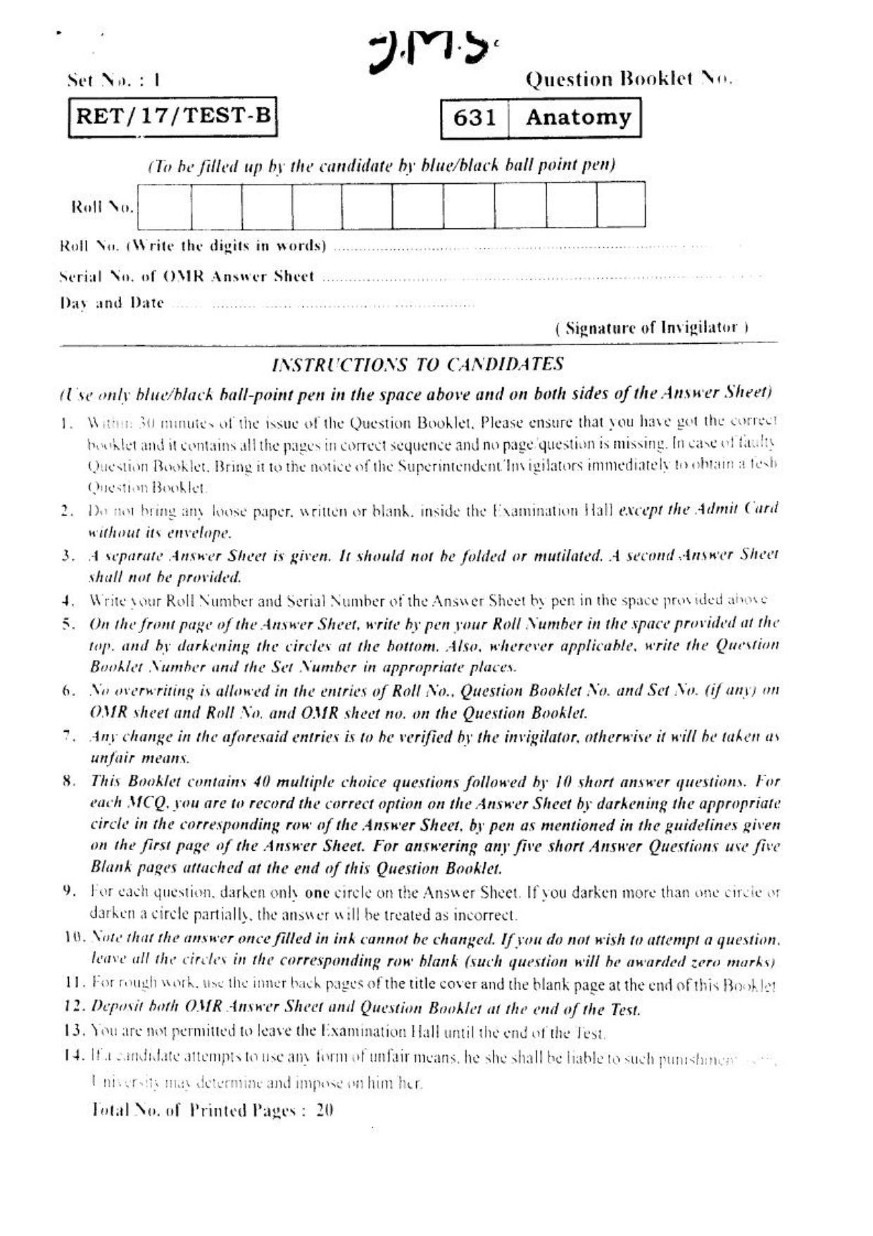 BHU RET ANATOMY 2017 Question Paper - Page 1