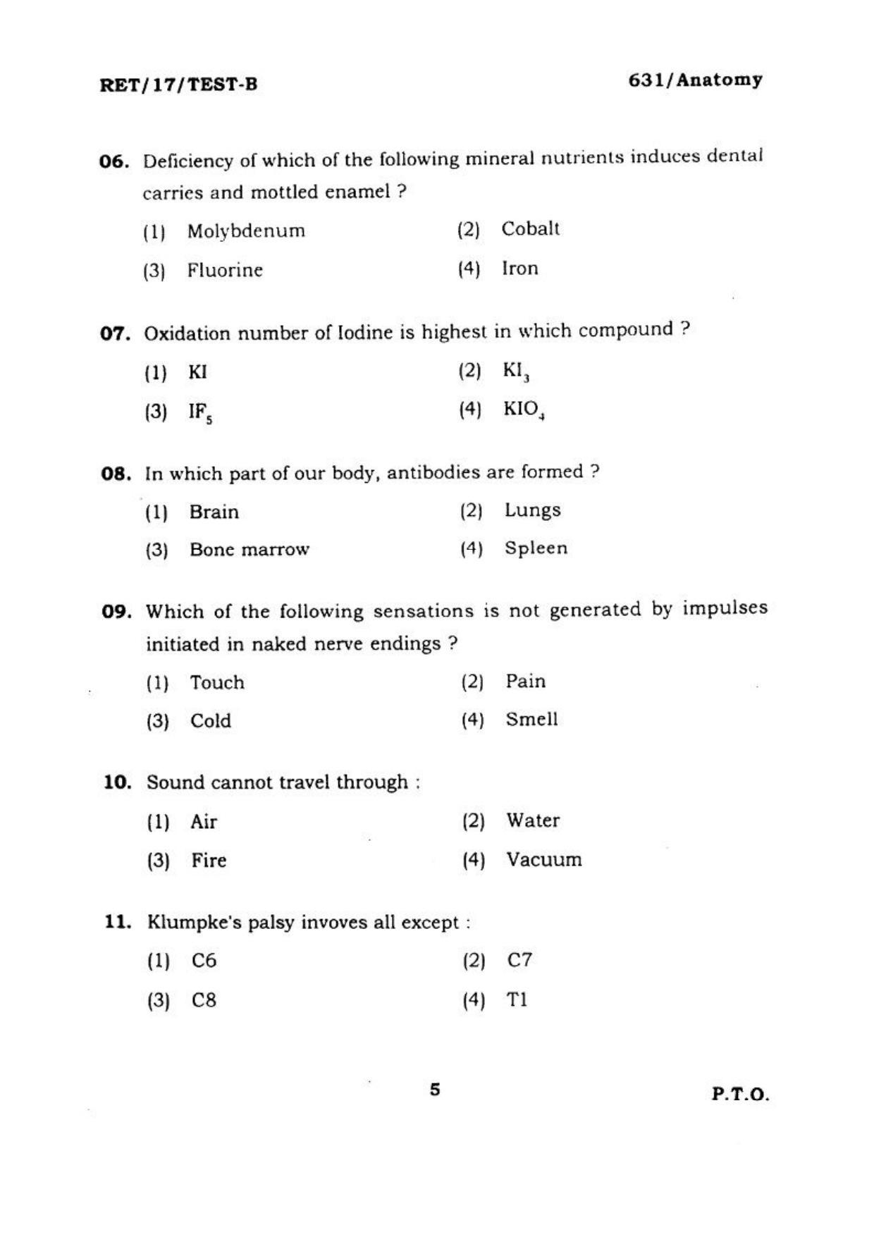 BHU RET ANATOMY 2017 Question Paper - Page 6