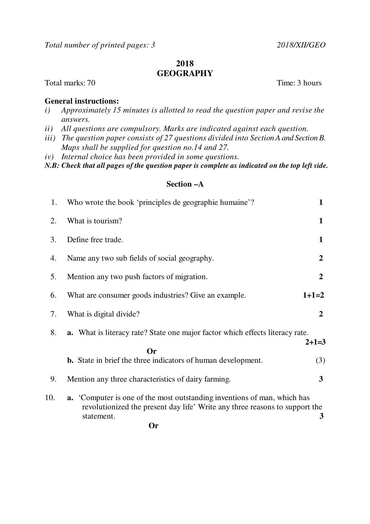 Nagaland Board Class 12 GEOGRAPHY 2018 Question Papers - Page 1