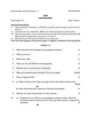 Nagaland Board Class 12 GEOGRAPHY 2018 Question Papers