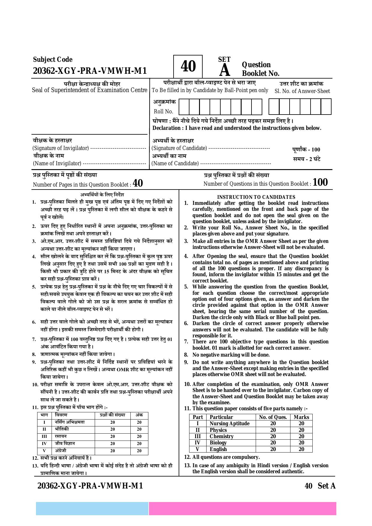 CG B.Sc Nursing 2023 Question Paper - Page 1