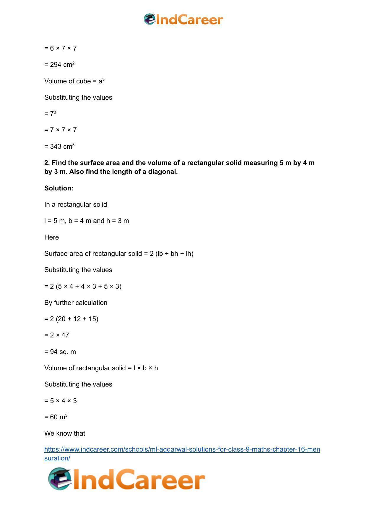ML Aggarwal Solutions for Class 9 Maths Chapter 16- Mensuration - Page 189