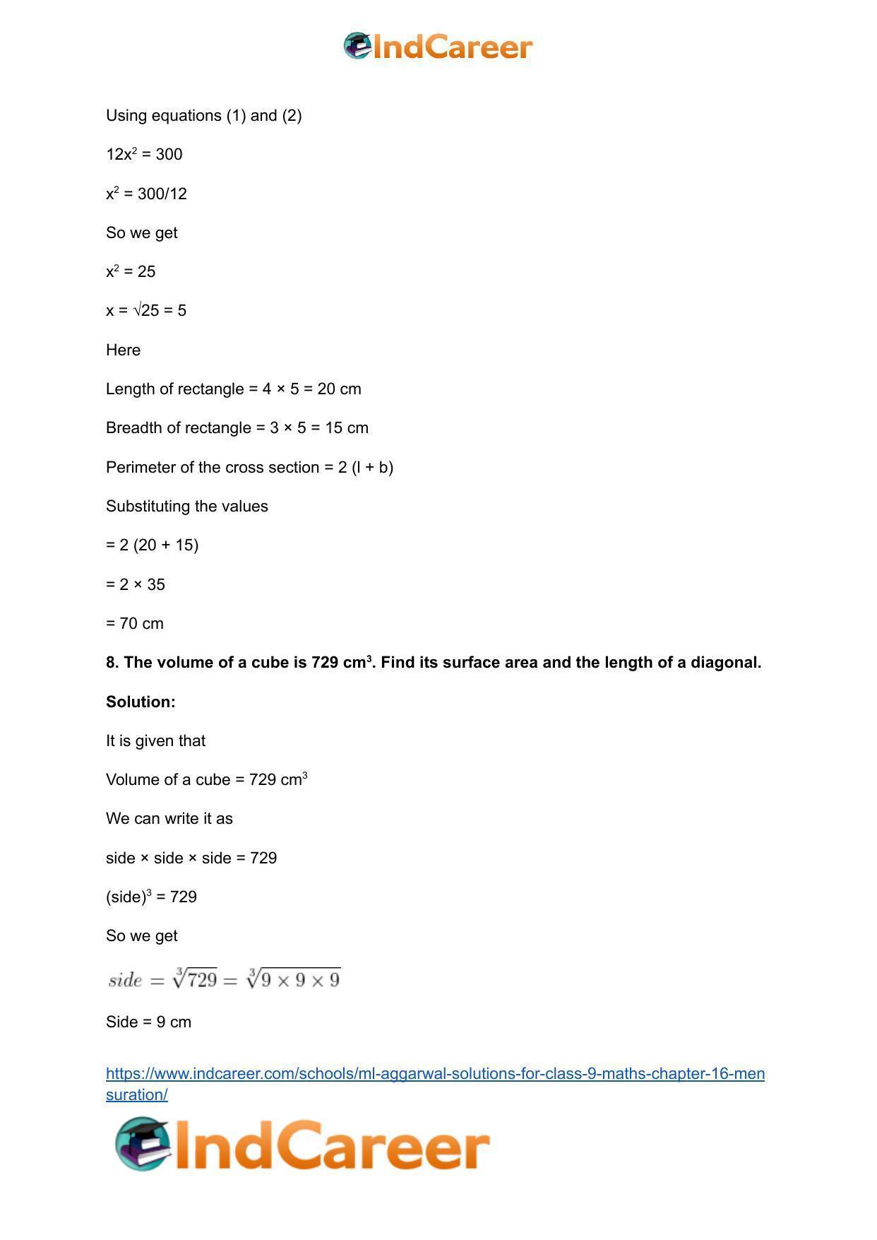 ML Aggarwal Solutions for Class 9 Maths Chapter 16- Mensuration - Page 196