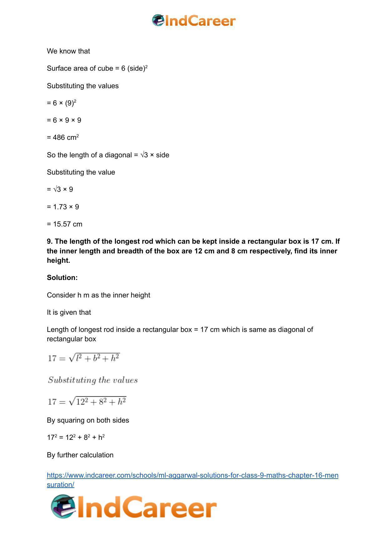 ML Aggarwal Solutions for Class 9 Maths Chapter 16- Mensuration - Page 197
