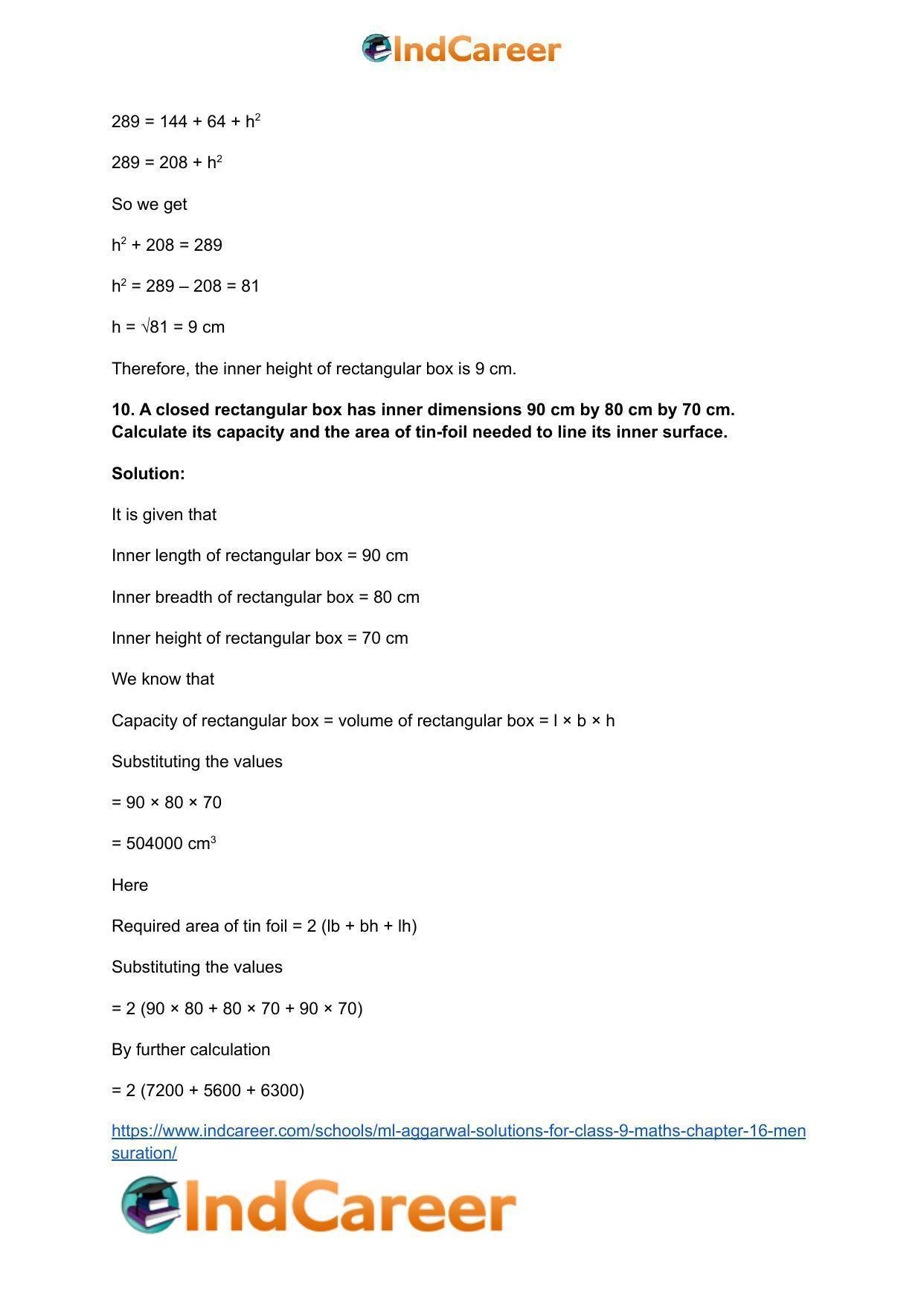 ML Aggarwal Solutions for Class 9 Maths Chapter 16- Mensuration - Page 198