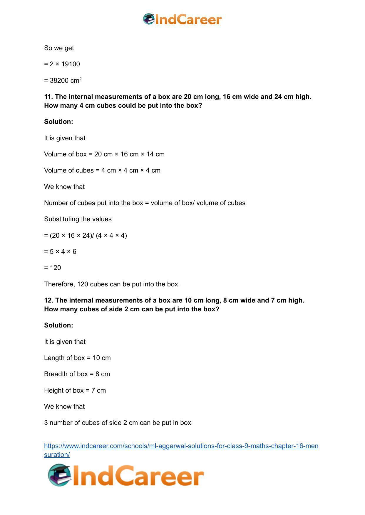 ML Aggarwal Solutions for Class 9 Maths Chapter 16- Mensuration - Page 199
