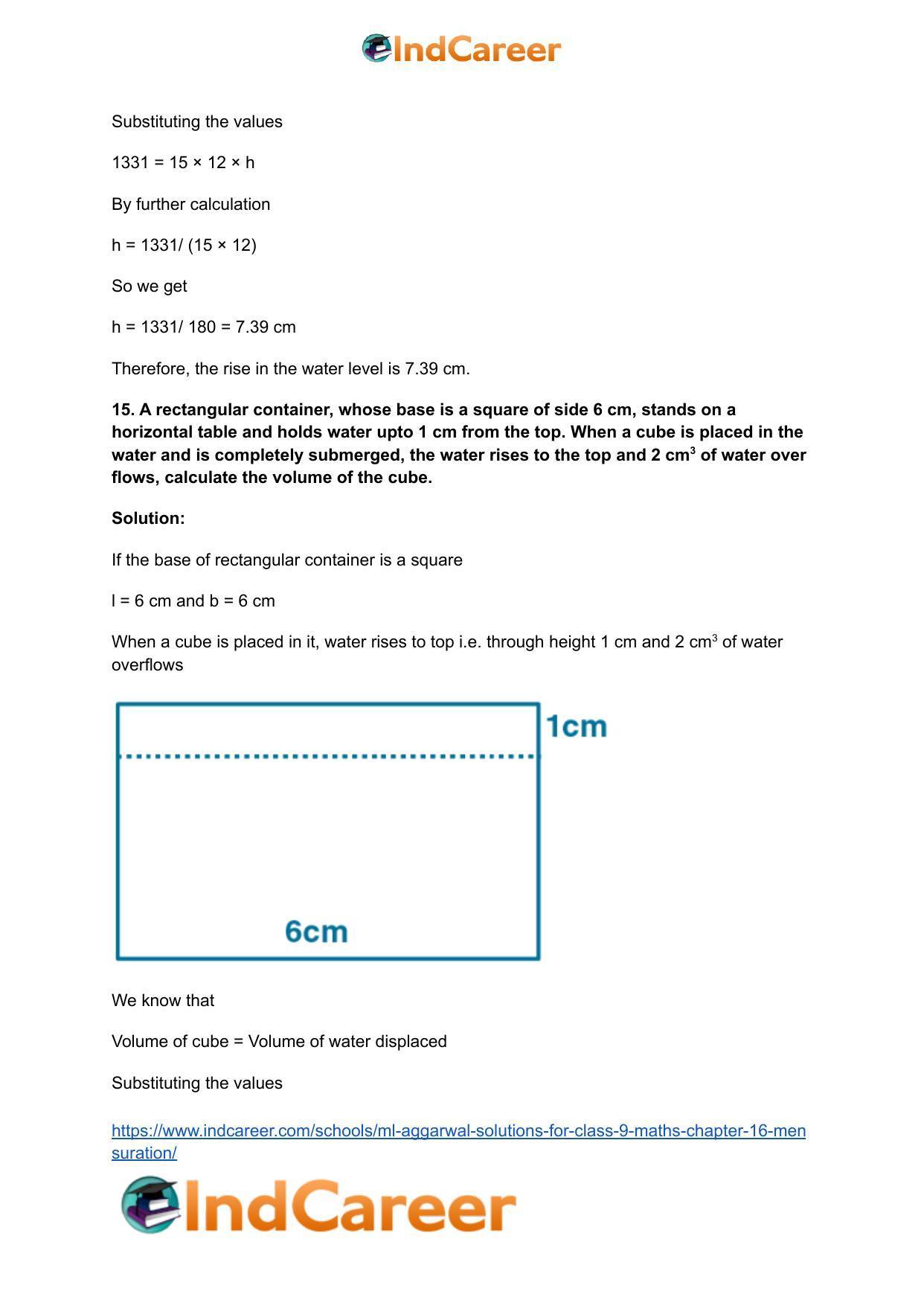 ML Aggarwal Solutions for Class 9 Maths Chapter 16- Mensuration - Page 202