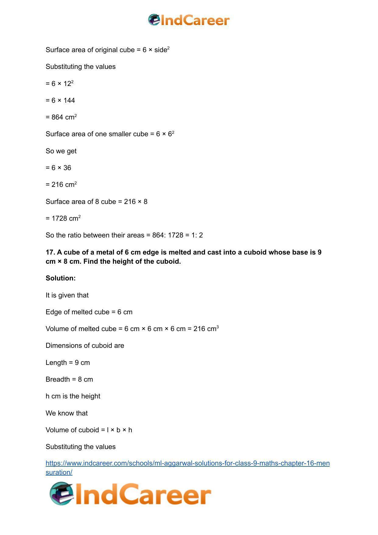 ML Aggarwal Solutions for Class 9 Maths Chapter 16- Mensuration - Page 205