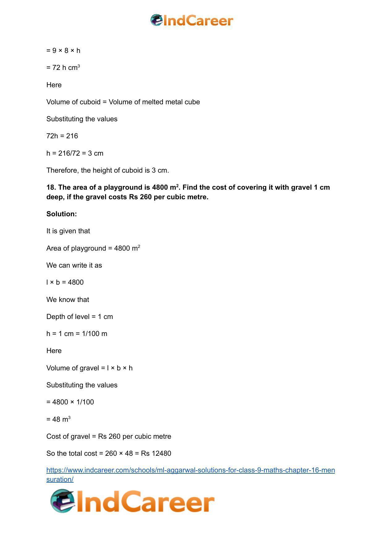 ML Aggarwal Solutions for Class 9 Maths Chapter 16- Mensuration - Page 206