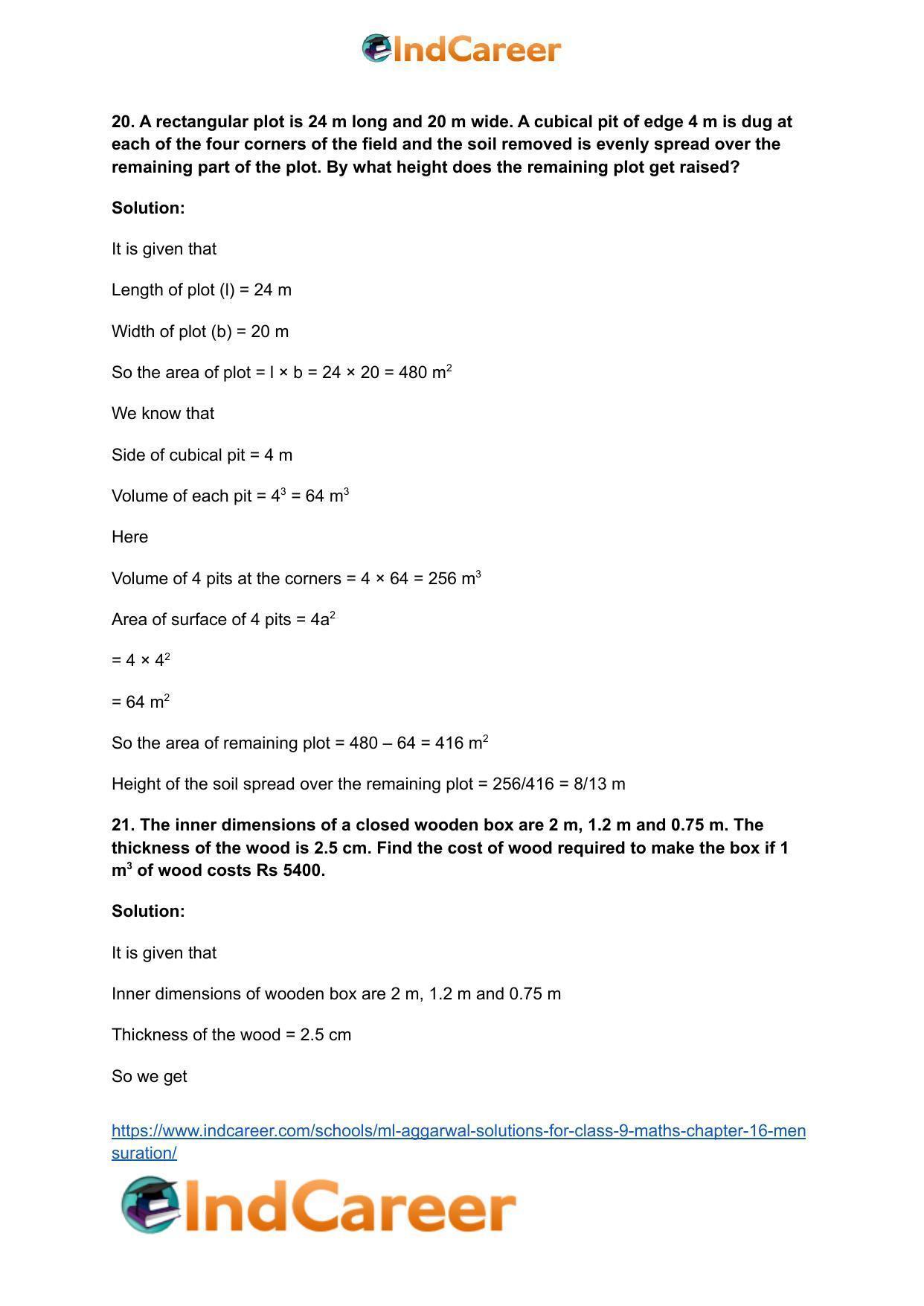 ML Aggarwal Solutions for Class 9 Maths Chapter 16- Mensuration - Page 209