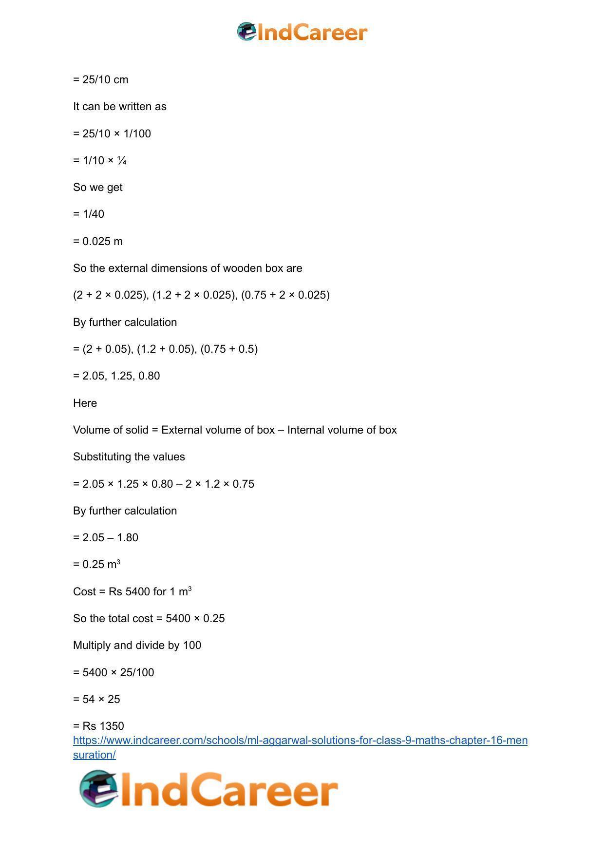 ML Aggarwal Solutions for Class 9 Maths Chapter 16- Mensuration - Page 210