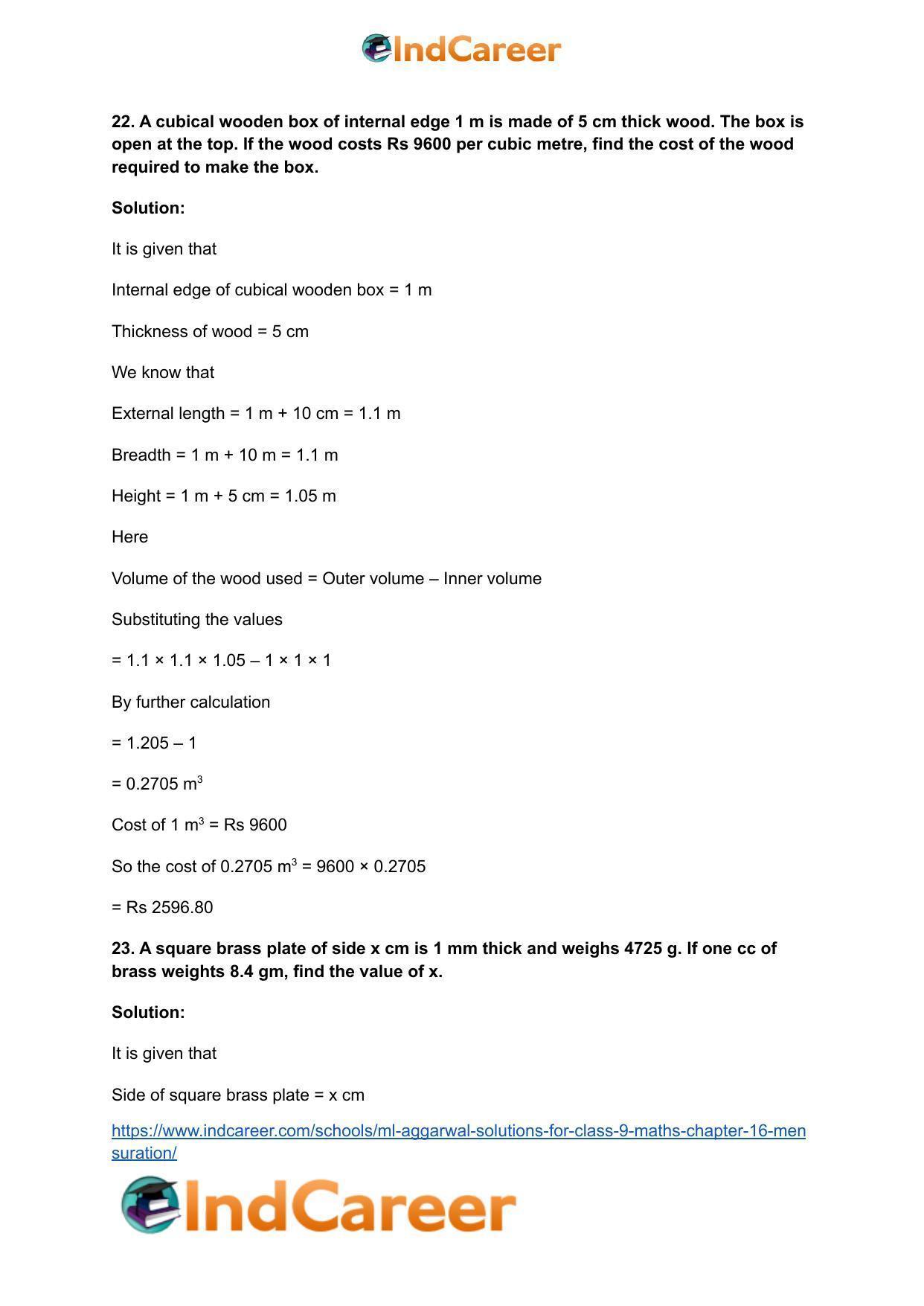 ML Aggarwal Solutions for Class 9 Maths Chapter 16- Mensuration - Page 211