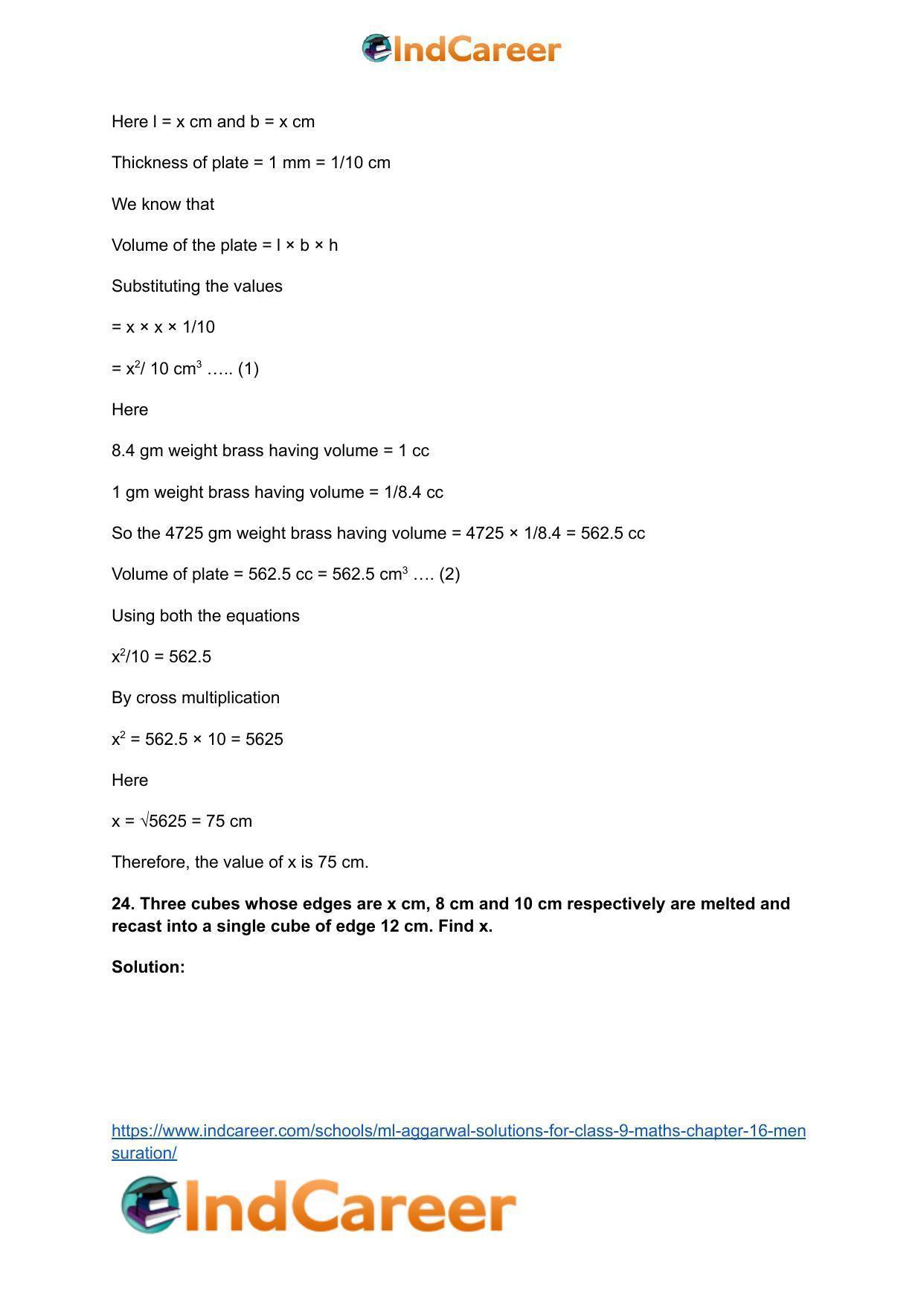 ML Aggarwal Solutions for Class 9 Maths Chapter 16- Mensuration - Page 212