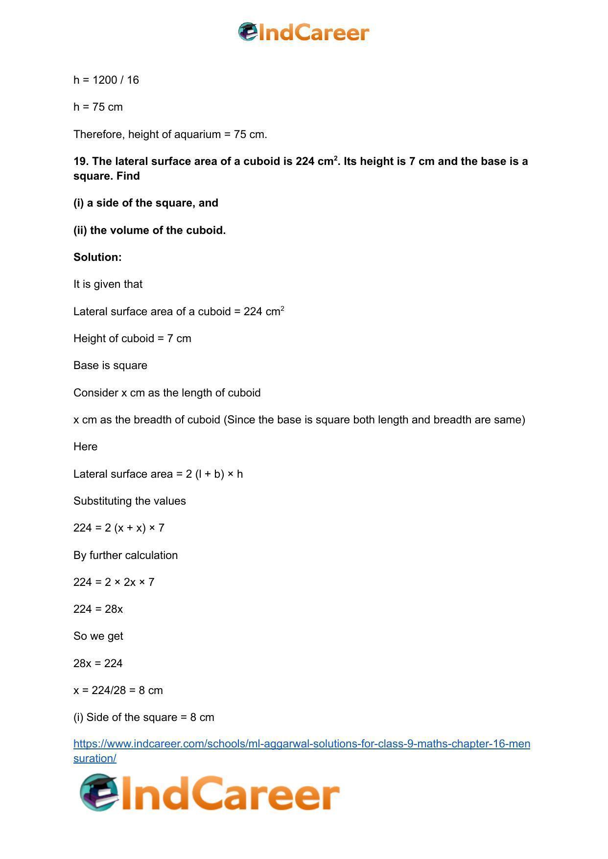 ML Aggarwal Solutions for Class 9 Maths Chapter 16- Mensuration - Page 249