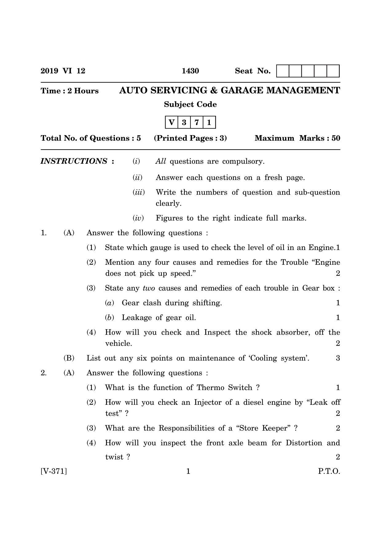Goa Board Class 12 Auto Servicing & Garage Management June 2019 (June 2019) Question Paper - Page 1