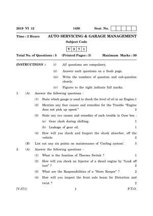 Goa Board Class 12 Auto Servicing & Garage Management  June 2019 (June 2019) Question Paper