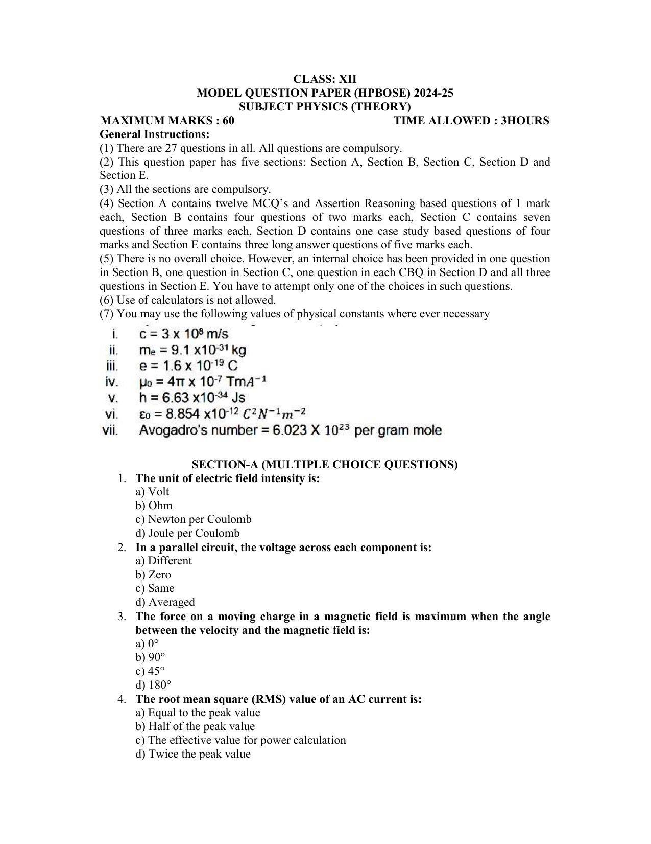 HPBOSE Class 12th Physics Sample Question Papers 2025 - Page 1