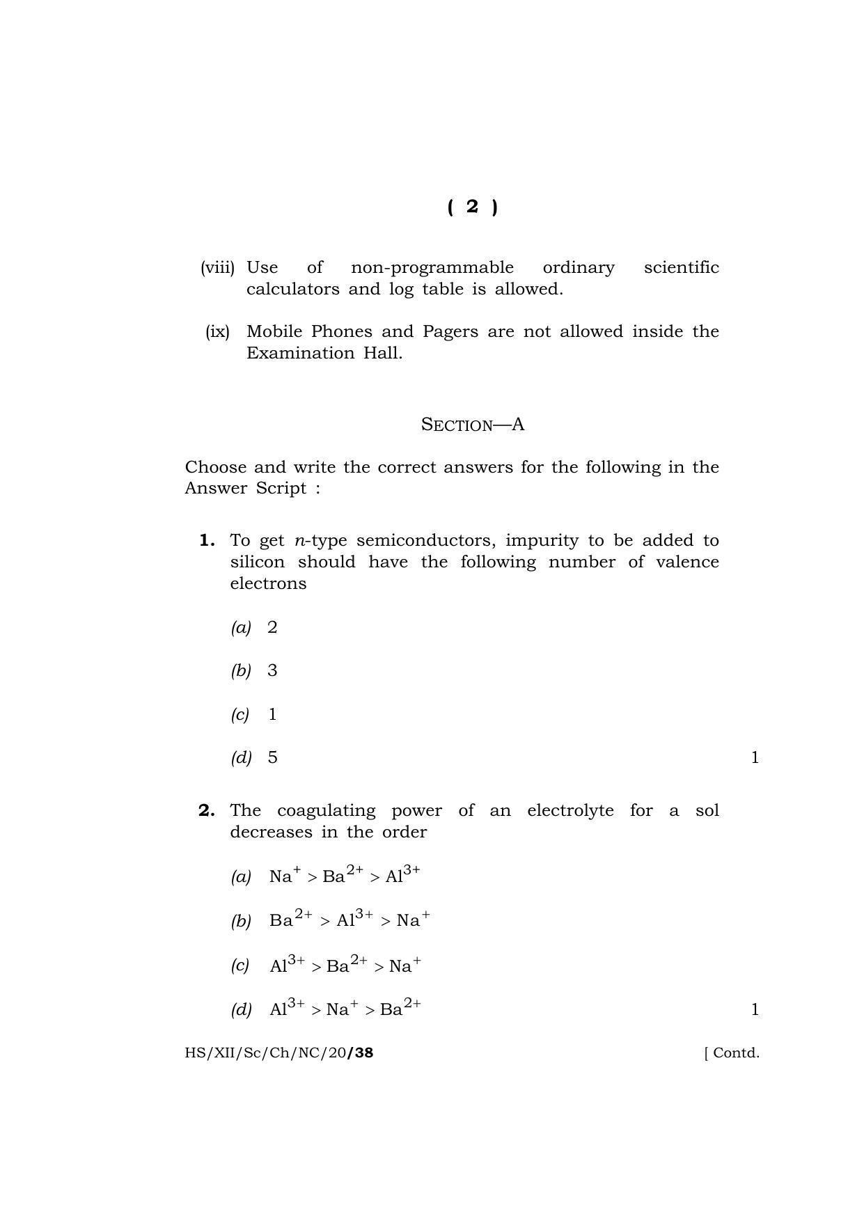 Meghalaya Board (MBOSE) Class 12 CHEMISTRY ( Theory ) ( New Course ) 2020 Question Paper - Page 2