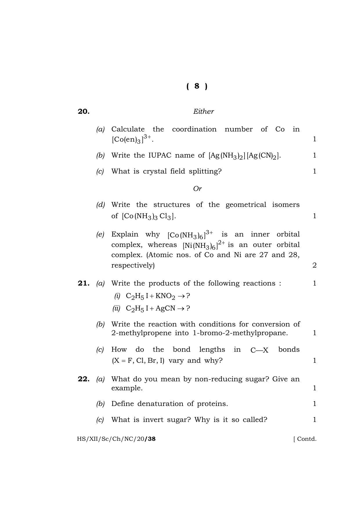 Meghalaya Board (MBOSE) Class 12 CHEMISTRY ( Theory ) ( New Course ) 2020 Question Paper - Page 8
