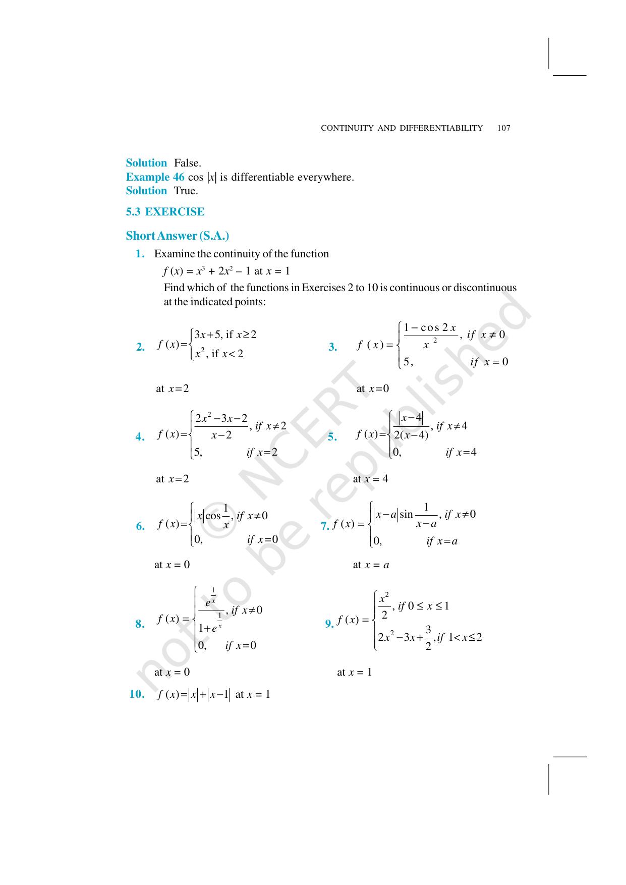 NCERT Exemplar Class 12: Mathematics Unit 5 (Continuity And Differentiability) - Page 22