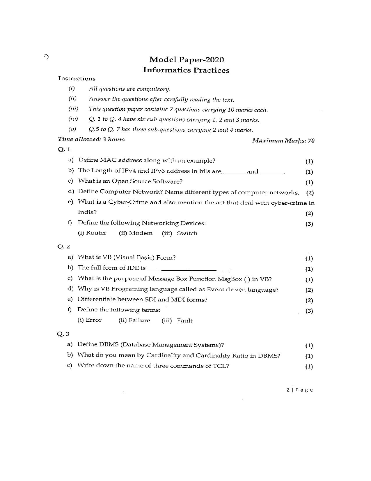 JKBOSE Class 12 Information Practices Model Question Paper - Page 2
