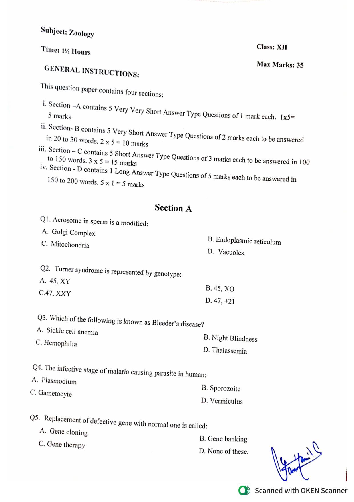 JKBOSE Class 12 Zoology Model Question Paper - Page 1