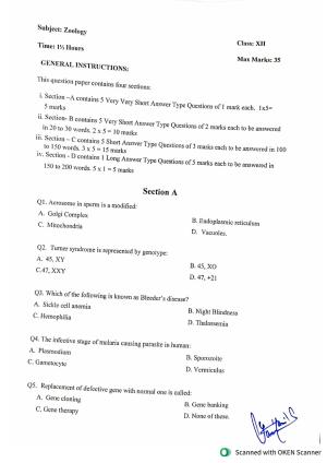 JKBOSE Class 12 Zoology Model Question Paper