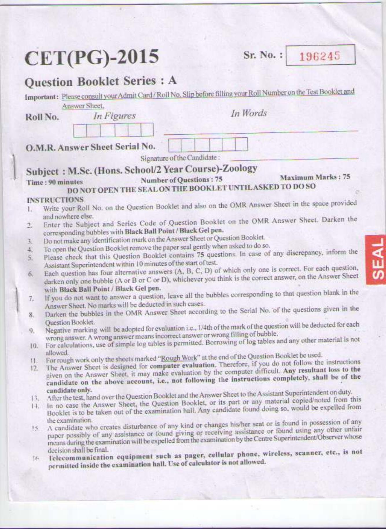 PU CET PG 2015: MSc (HS/2yr)(Zoology) Question Paper - Page 1