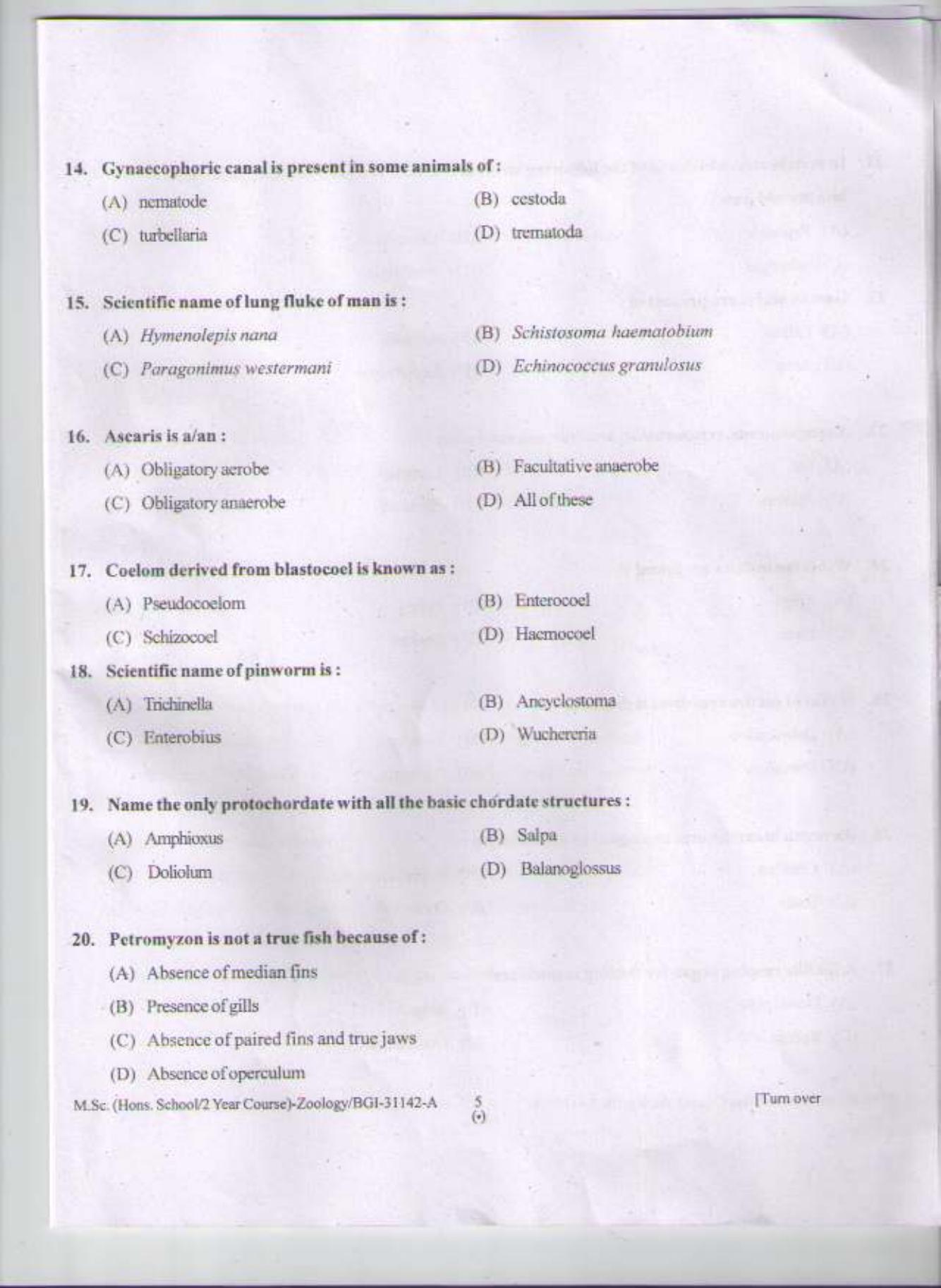 PU CET PG 2015: MSc (HS/2yr)(Zoology) Question Paper - Page 4