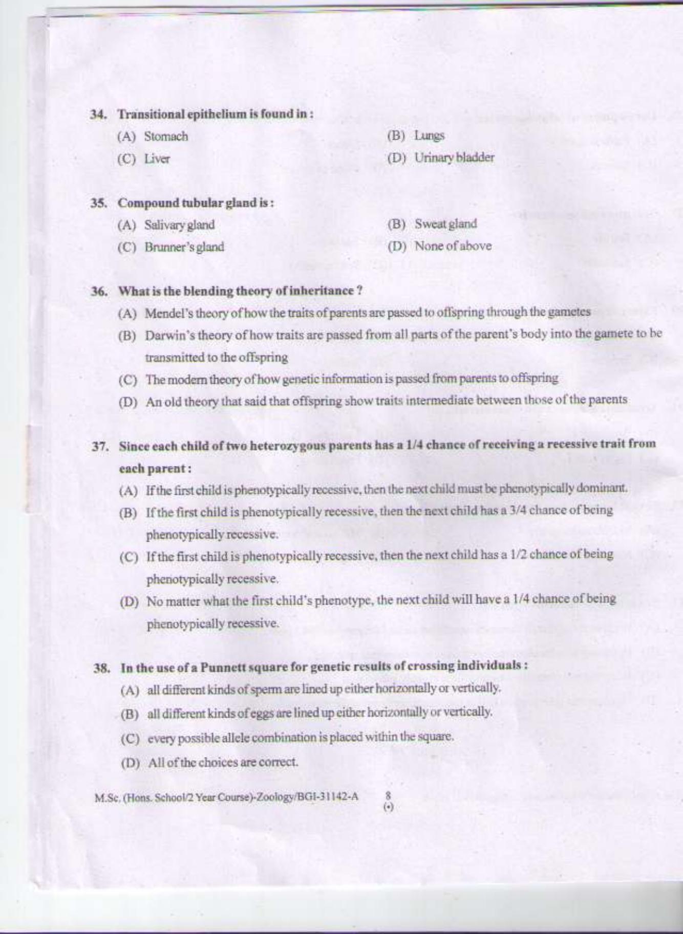 PU CET PG 2015: MSc (HS/2yr)(Zoology) Question Paper - Page 7