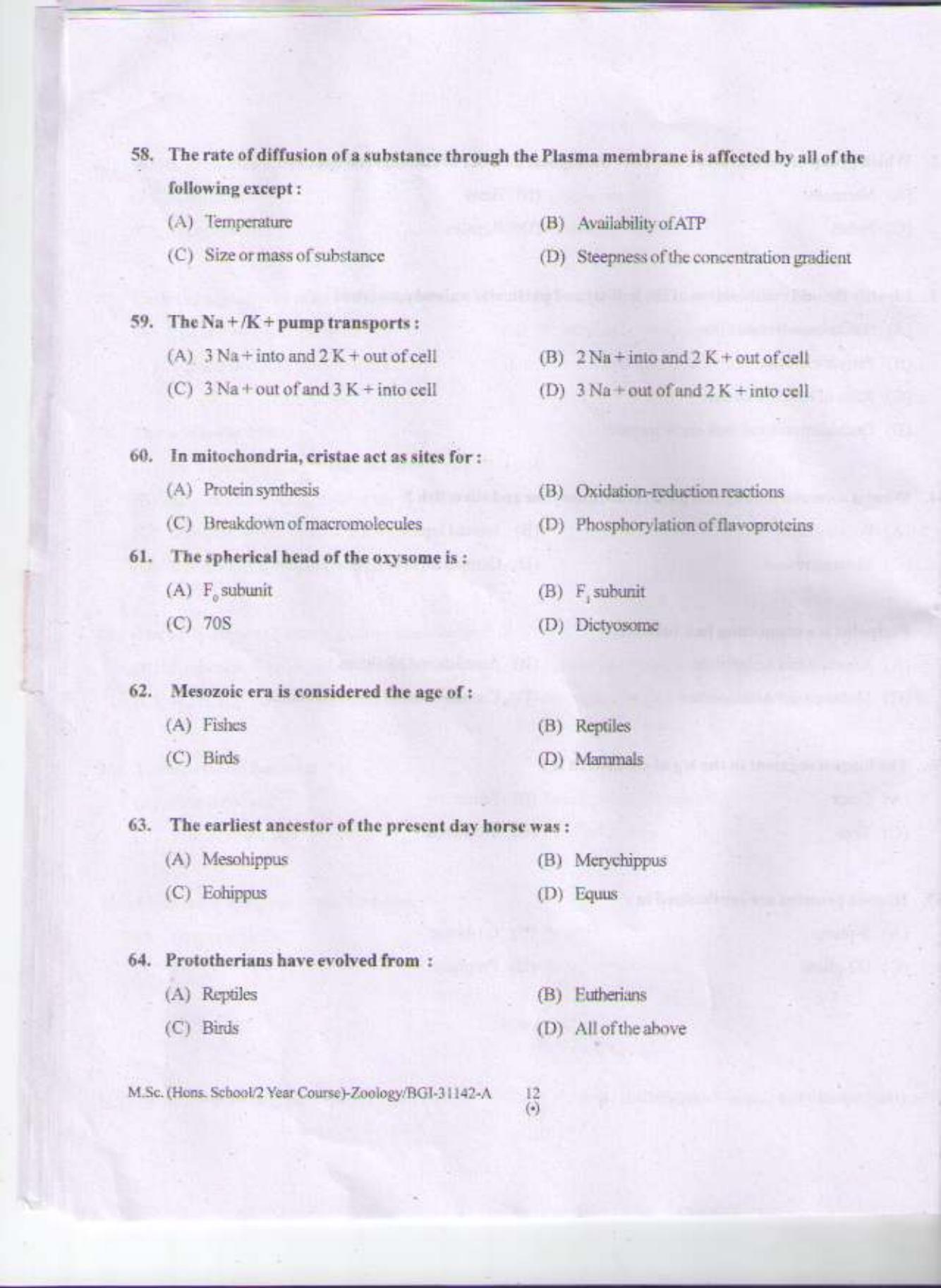 PU CET PG 2015: MSc (HS/2yr)(Zoology) Question Paper - Page 11