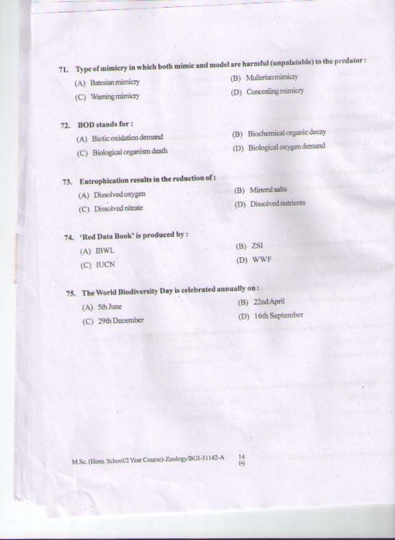 PU CET PG 2015: MSc (HS/2yr)(Zoology) Question Paper - Page 13