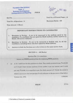 CA Foundation December 2021 Question Paper - Paper 2 (Business Laws and Business Correspondence and Reporting)
