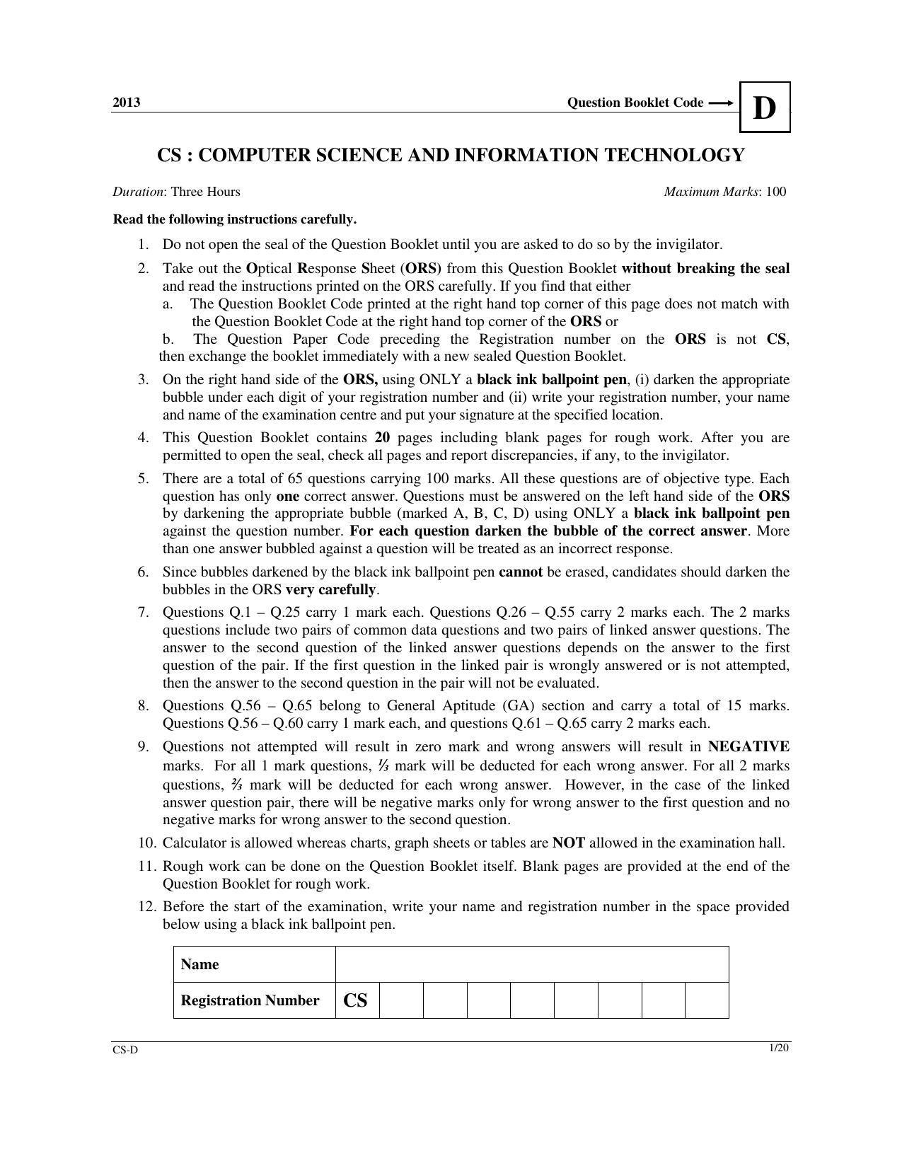 GATE 2013 Computer Science and Information Technology (CS) Question Paper with Answer Key - Page 47