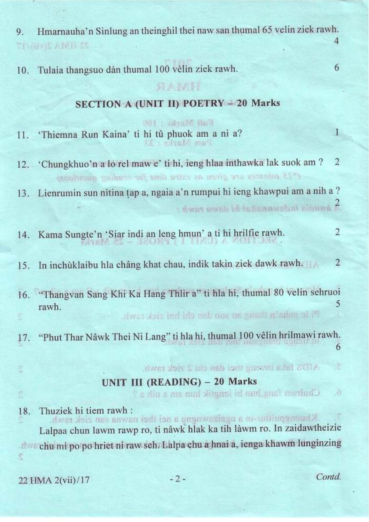COHSEM Class 12 Hmar (M.I.L.) 2017 Question Papers - Page 2