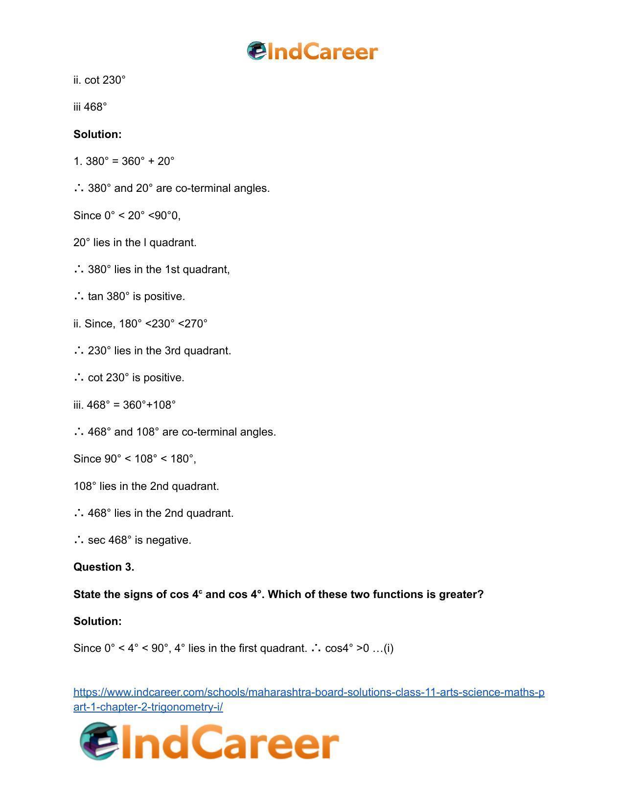 Maharashtra Board Solutions Class 11-Arts & Science Maths (Part 1): Chapter 2- Trigonometry – I - Page 33