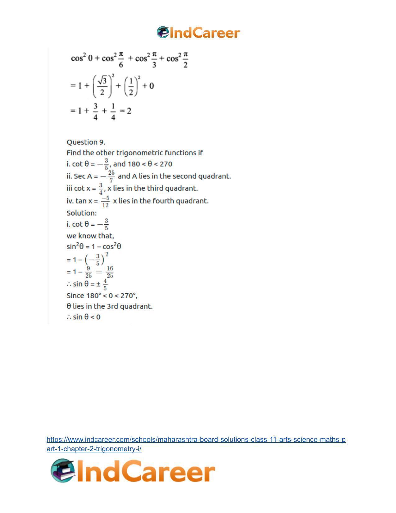 Maharashtra Board Solutions Class 11-Arts & Science Maths (Part 1): Chapter 2- Trigonometry – I - Page 40