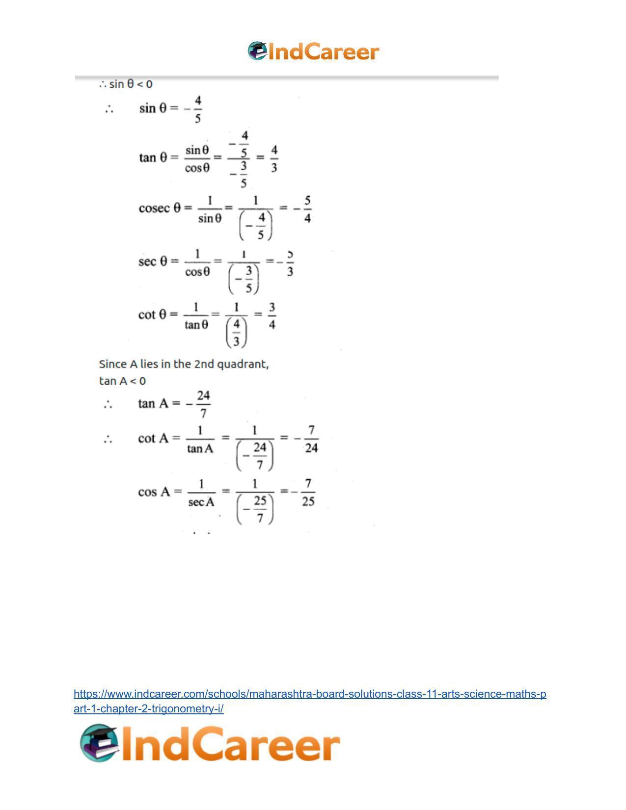 Maharashtra Board Solutions Class 11-Arts & Science Maths (Part 1): Chapter 2- Trigonometry – I - Page 41