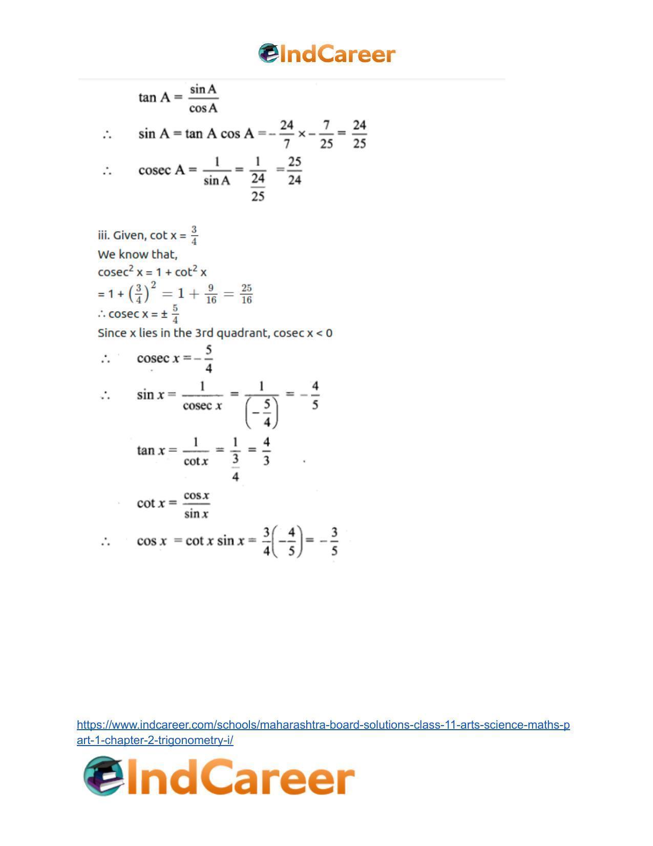 Maharashtra Board Solutions Class 11-Arts & Science Maths (Part 1): Chapter 2- Trigonometry – I - Page 42