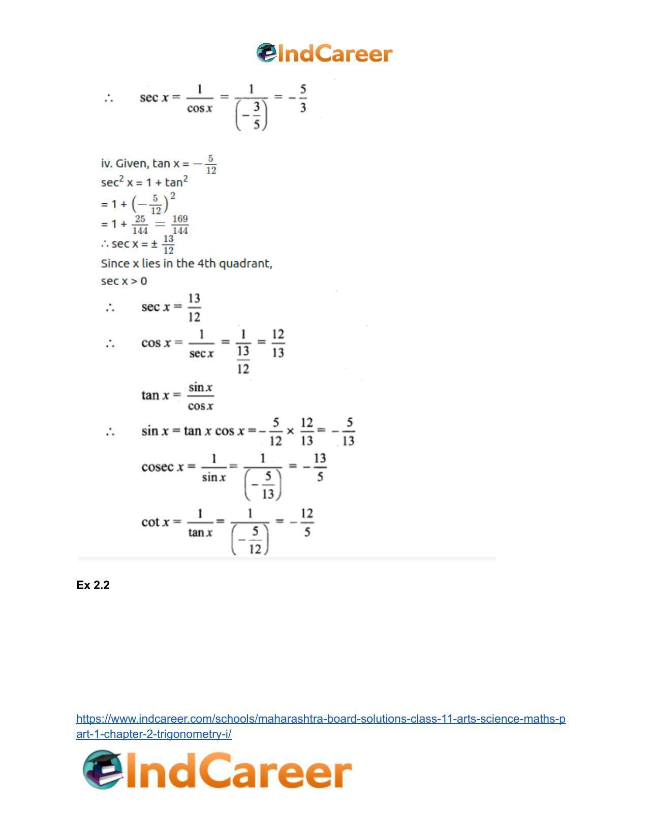 Maharashtra Board Solutions Class 11-Arts & Science Maths (Part 1): Chapter 2- Trigonometry – I - Page 43
