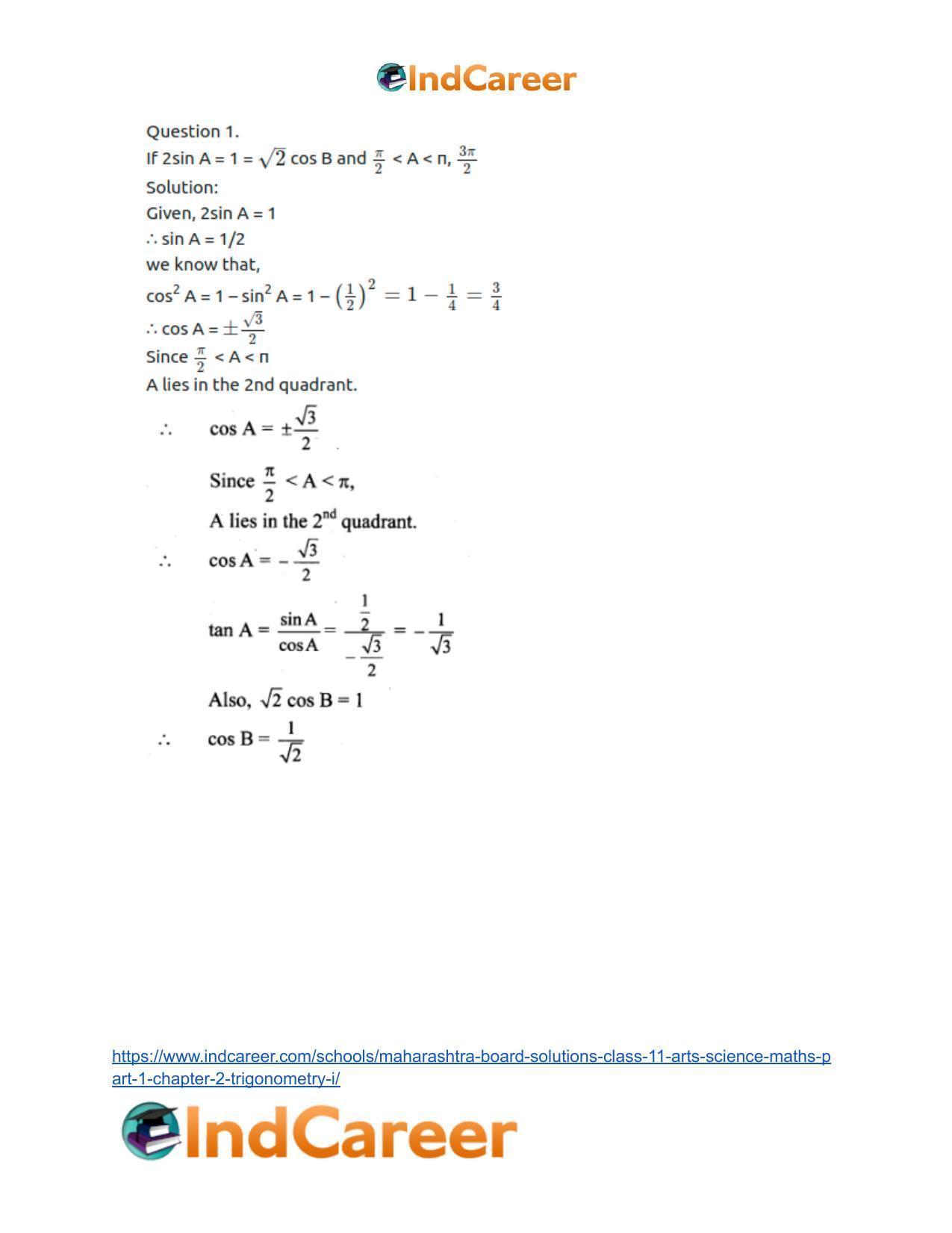 Maharashtra Board Solutions Class 11-Arts & Science Maths (Part 1): Chapter 2- Trigonometry – I - Page 44
