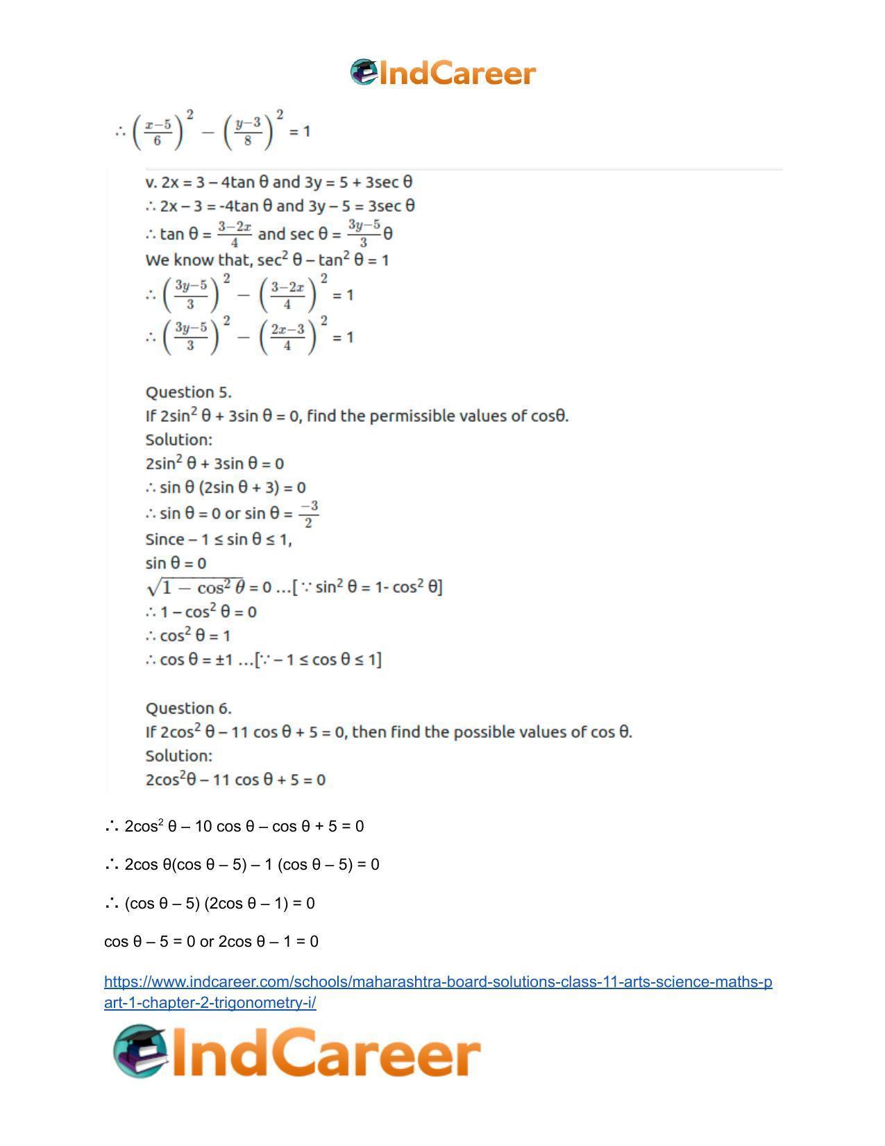 Maharashtra Board Solutions Class 11-Arts & Science Maths (Part 1): Chapter 2- Trigonometry – I - Page 49
